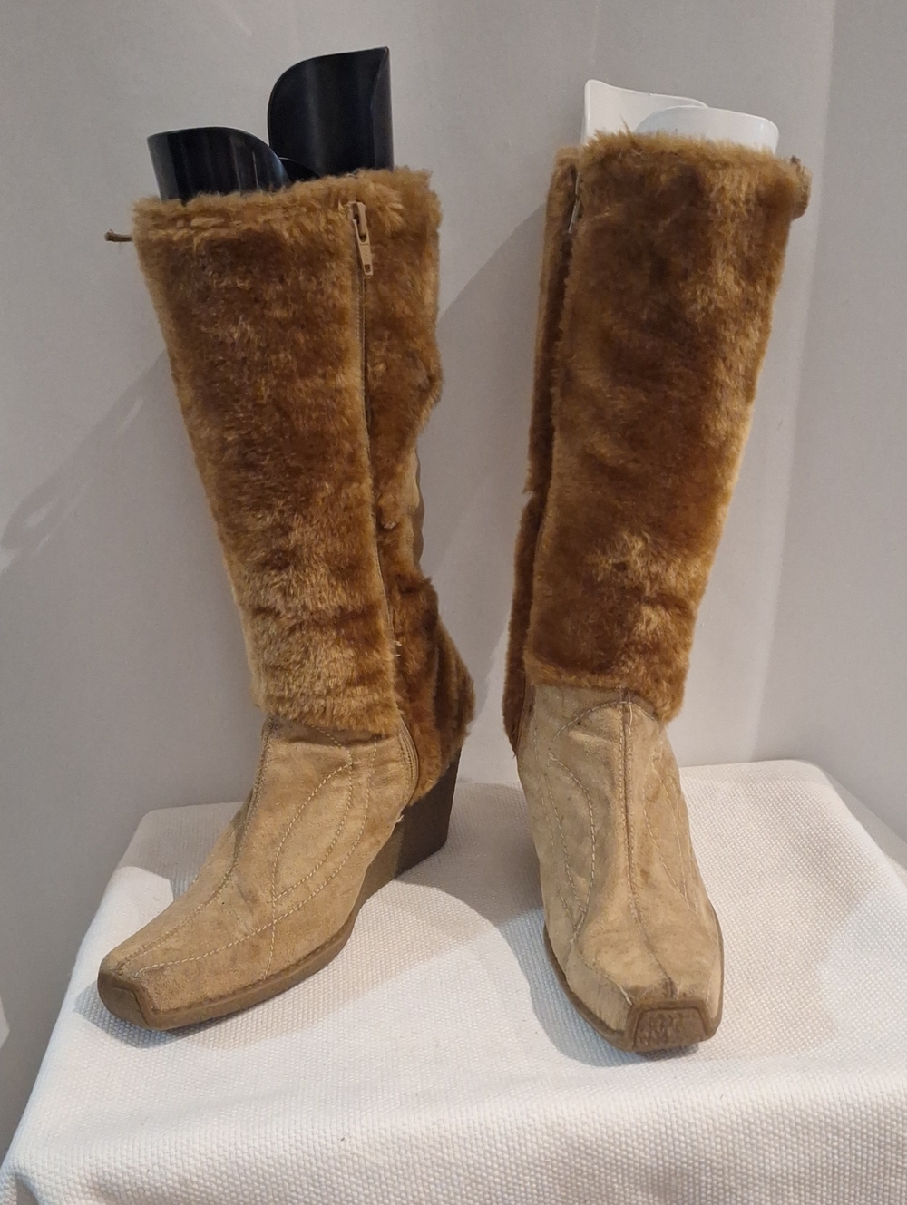 Vintage Blossom Faux Fur Tall Wedge Gum Sole Boots - Tan